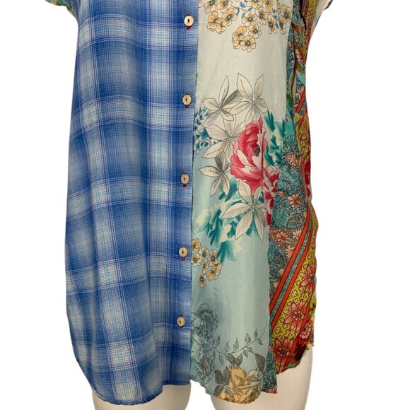 Johnny Was 3J Workshop Blouse S Blue Plaid Floral Silk Blend - Picture 10 of 13
